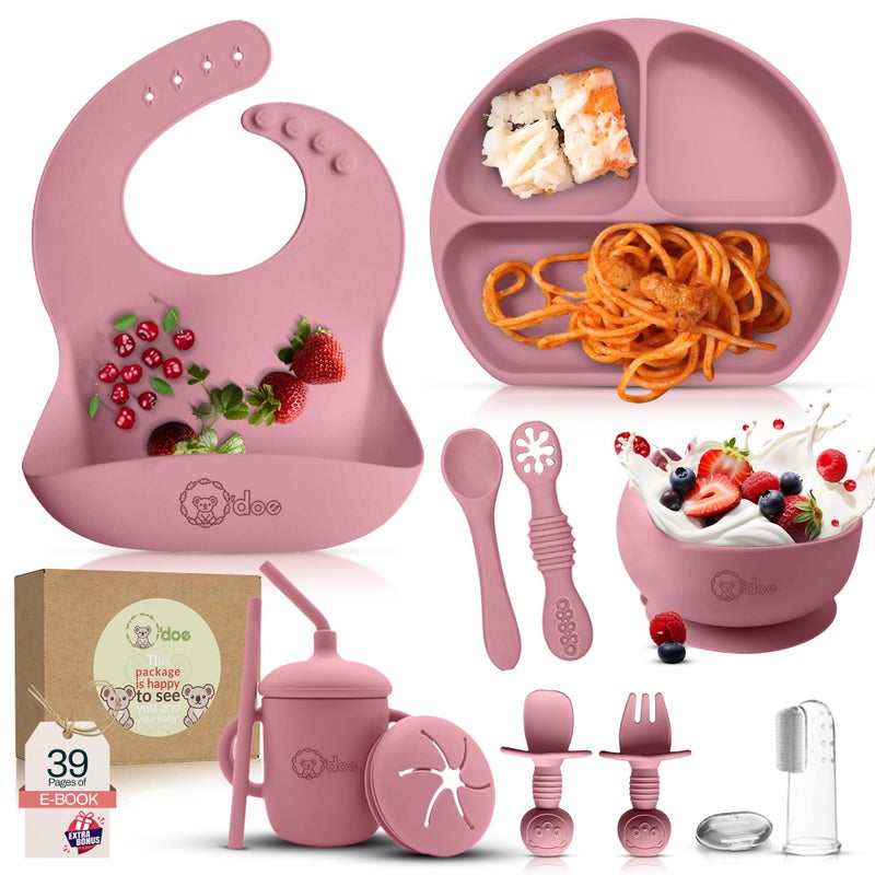 o'doe 11-Piece BPA-Free Silicone Baby Feeding Set | Thick & Soft Suction Plates, Baby Bowls, Wooden Fork & Spoon, and More | Make Mealtime Fun and Easy for Your Little One (Rose, V1) - Image 1